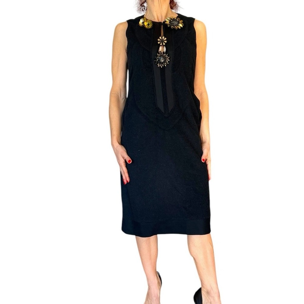 DICE KAYEK WOMENS 36 S DRESS BLACK KNIT SLEEVELESS WOOL  V NECK EMBELLISHED MIDI